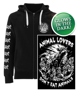 NEW! GLOW IN THE DARK 'Animal Lovers Don't Eat Animals' Vegan Zip-up Hoodie